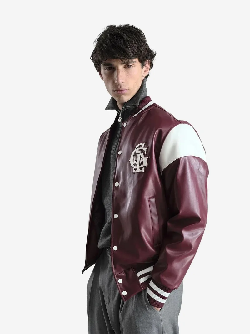 Giesto Burgundy Red GIESTO Faux Leather Relaxed Fit Jacket with Embroidery for Men | Best Price UAE